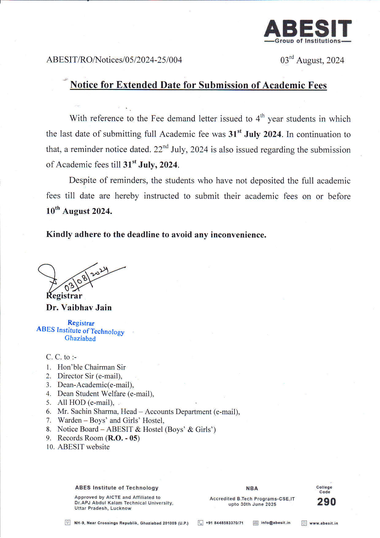 Notice for Extended Date for submission of Academic Fees