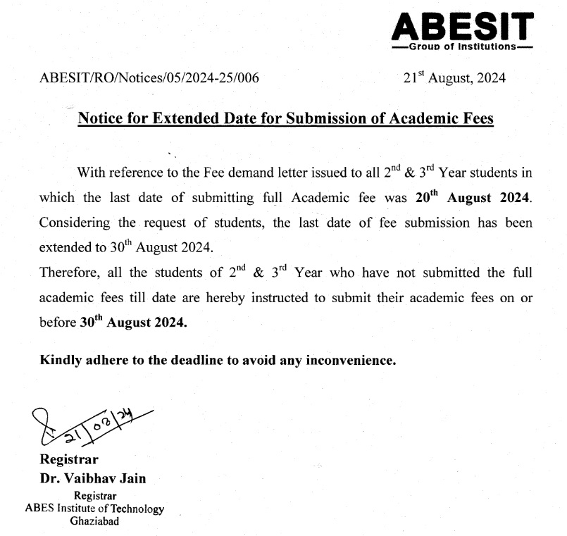 Notice for Extended Date for Submission of Academic Fees