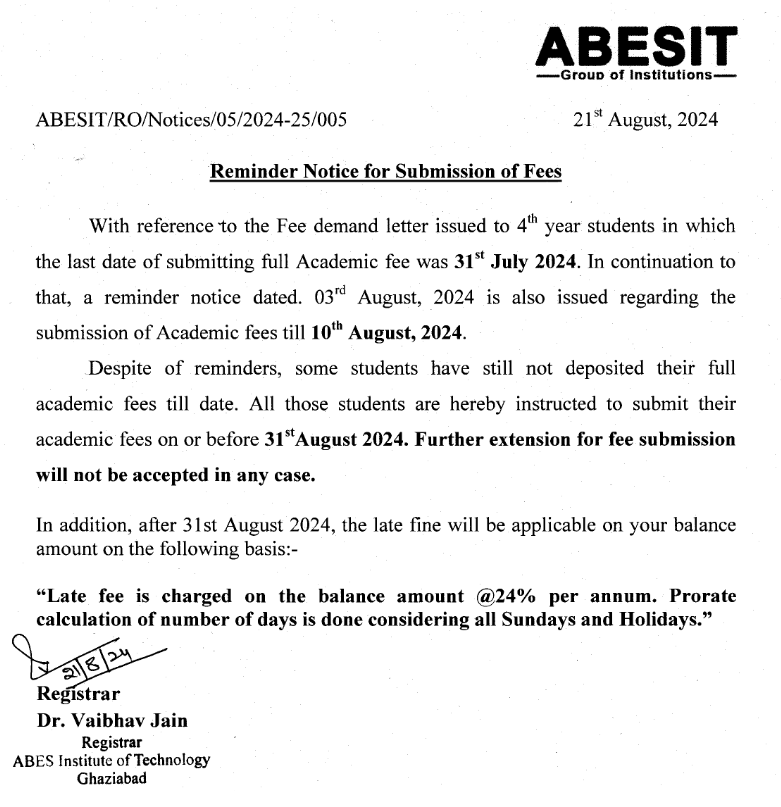 Reminder Notice for Submission of Fees