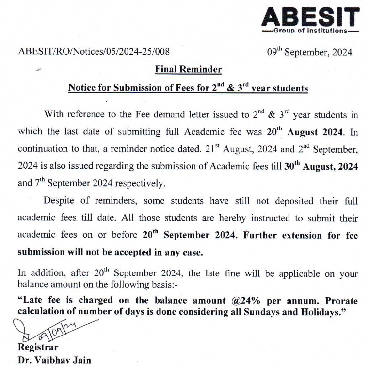 Notice for Submission of Fees for 2nd & 3rd year students