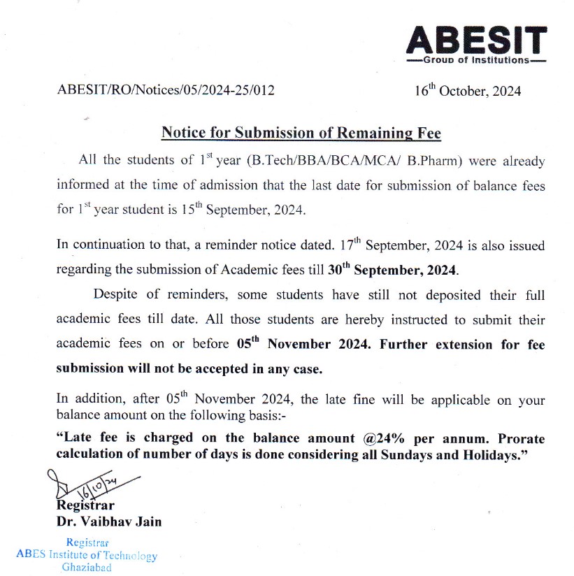 Notice for Submission of Remaining Fee- 1st Year