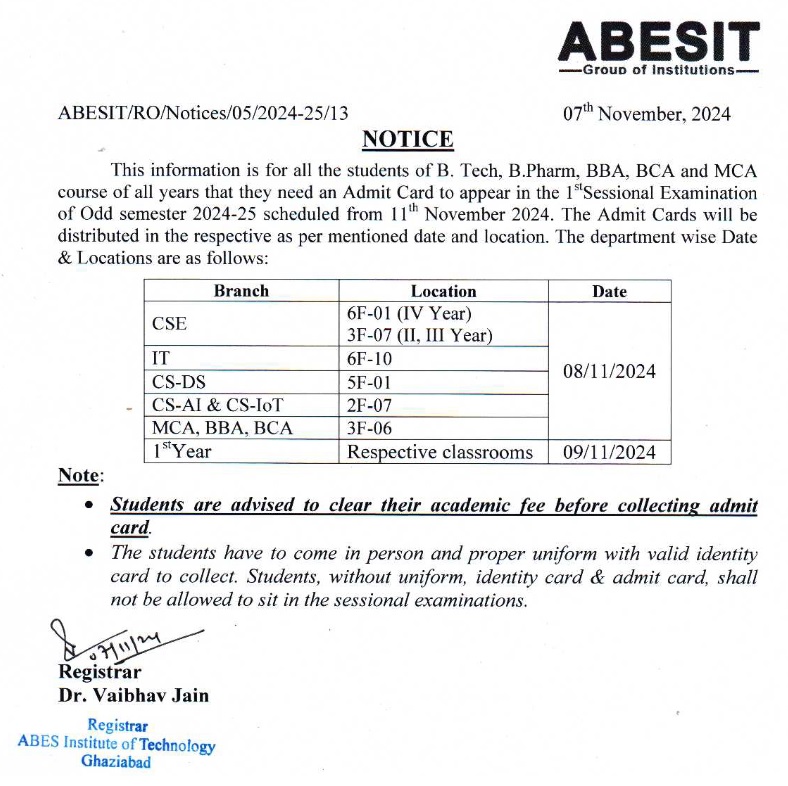 Notice Regarding Distribution of Admit Card