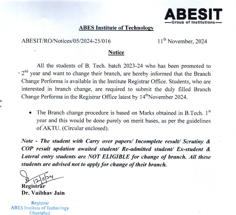 Notice for Branch Change